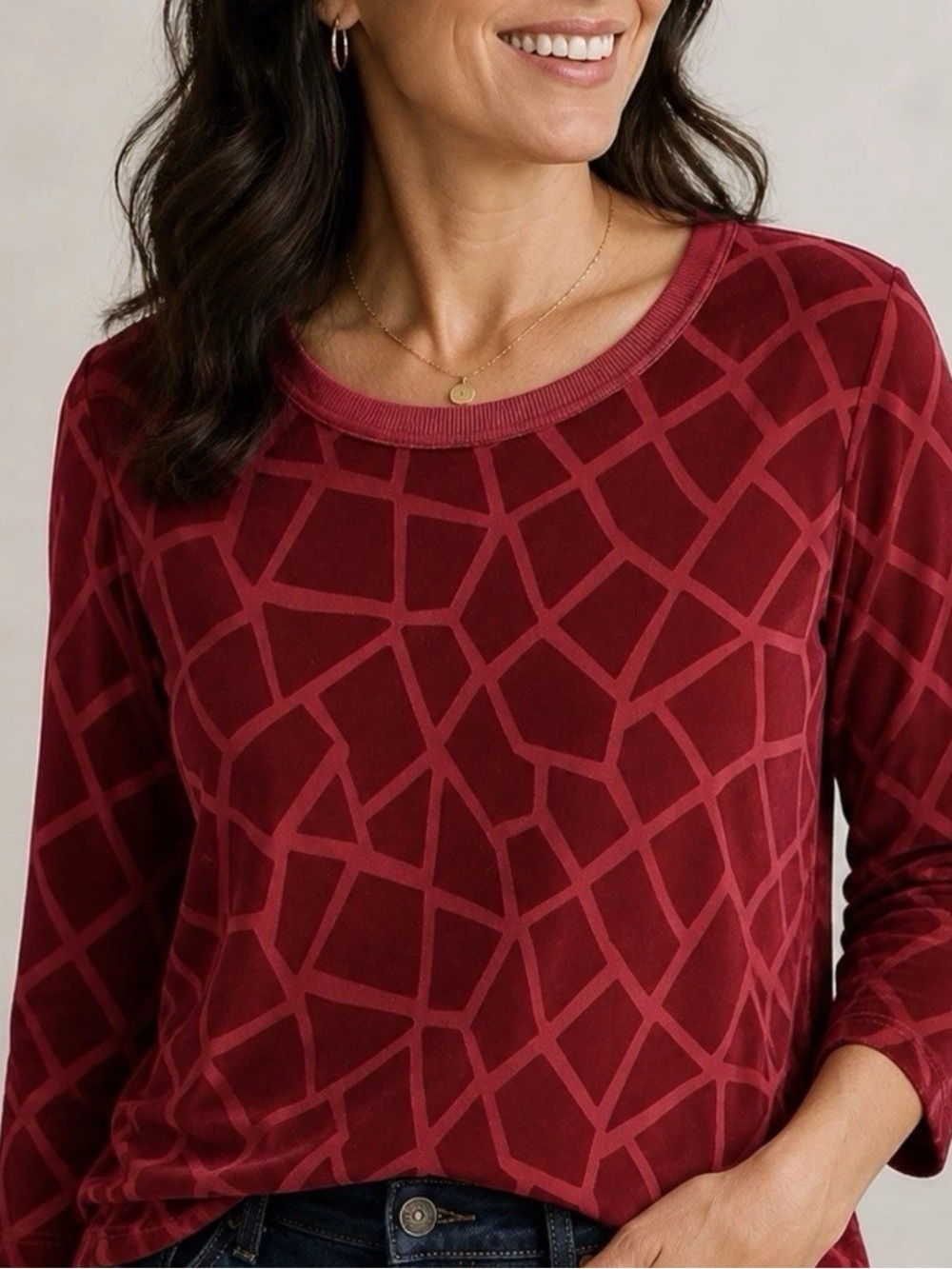 Susan Graver Red Velvet Burnout Blouse Size Large Geometric Shiny Jewel Tone
